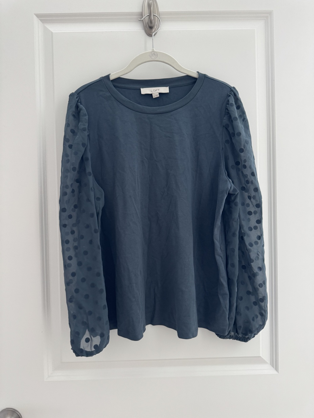 LOFT Teal Mixed-Media Flocked Polka Dot Sleeve Top NWOT